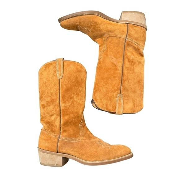 GORGEOUS Cognac Suede Vintage Cowboy Boots Vibram Sole EXCELLENT CONDITION 9.5 - Picture 3 of 8
